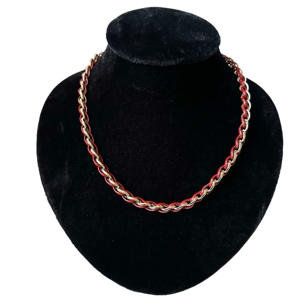 Vintage 80's Trifari Red Enamel Gold Plated Woven Layering Necklace - 24 inches